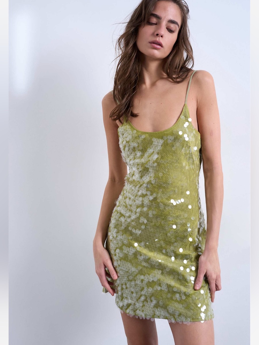 Topshop scoop neck mini sequin dress in avocado